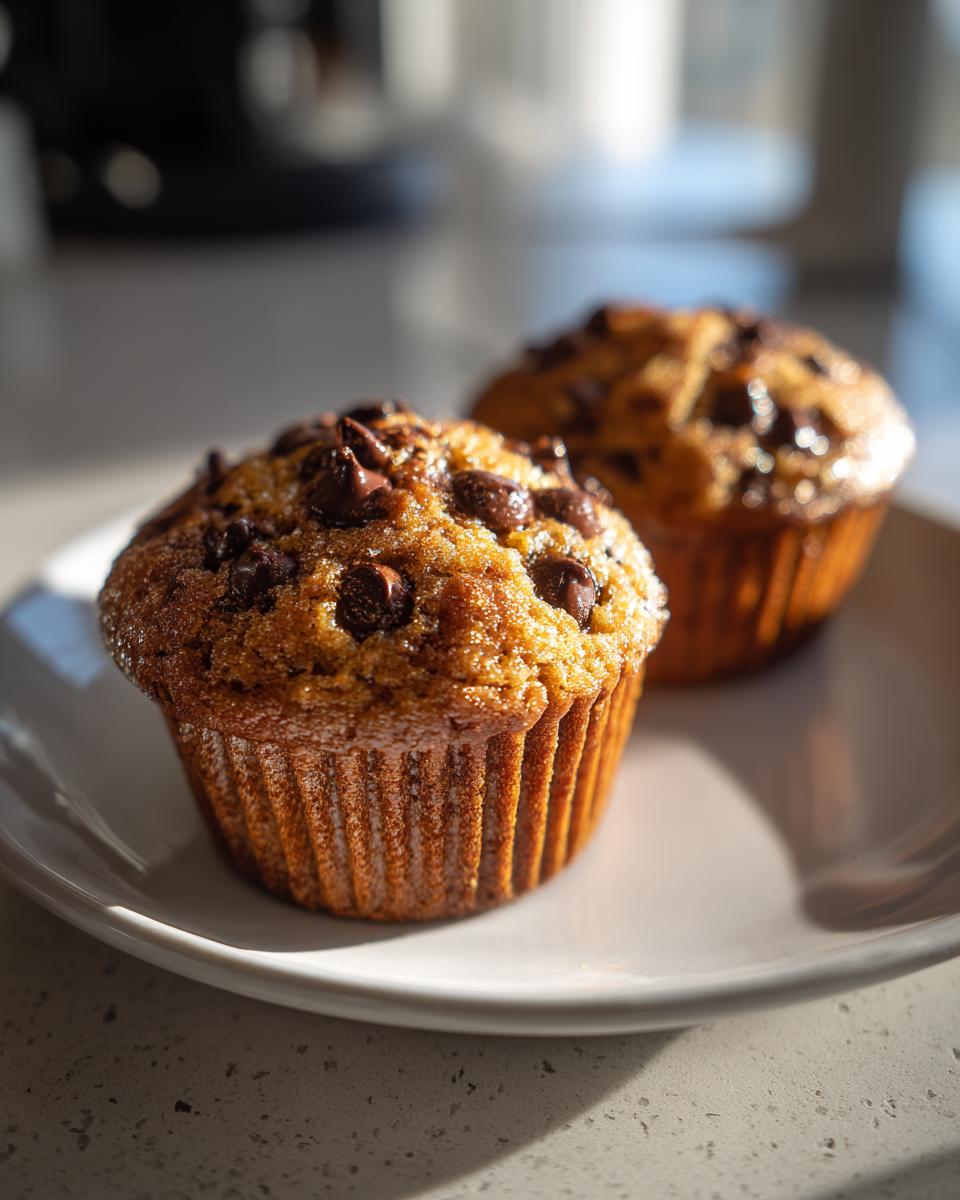 Two freshly baked, fluffy chocolate chip muffins sitting on a light-colored plate.