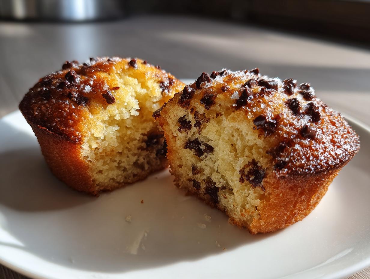 A fluffy chocolate chip muffin cut in half showing the moist interior and chocolate chips.