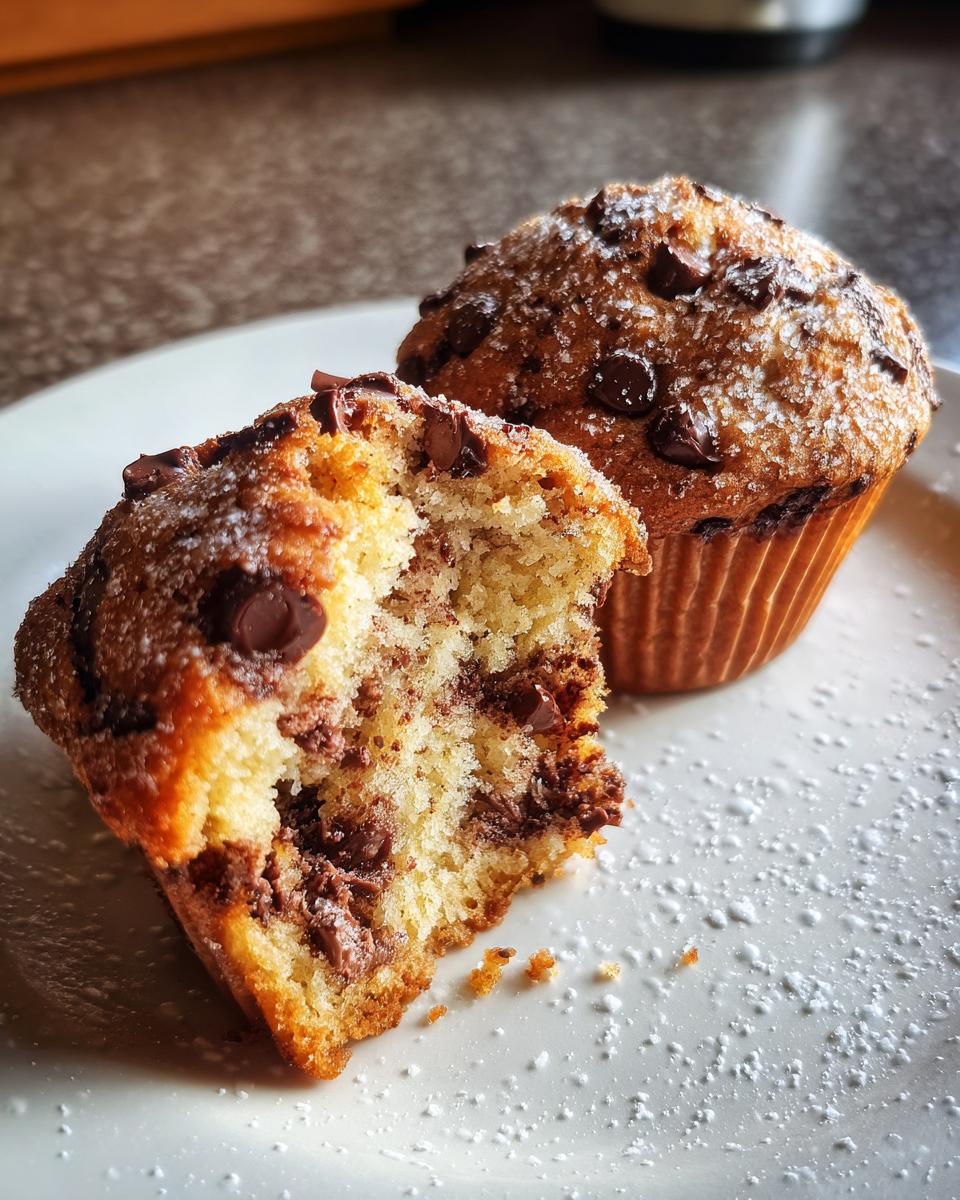 Close-up of fluffy chocolate chip muffins, one broken open to show the moist interior and melted chocolate chips.