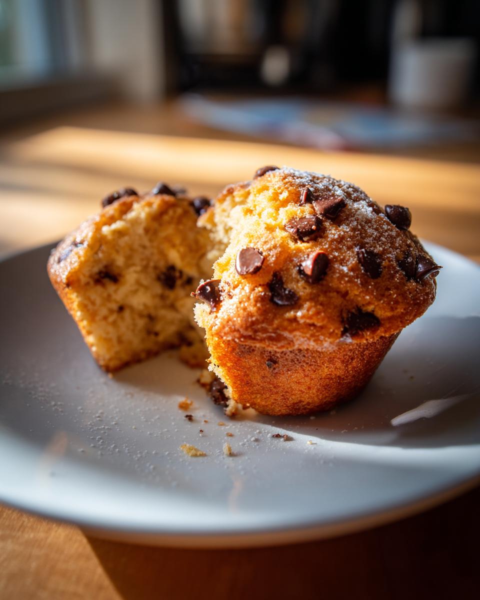 A fluffy chocolate chip muffin, split in half, showing the moist interior and chocolate chips, dusted with powdered sugar.