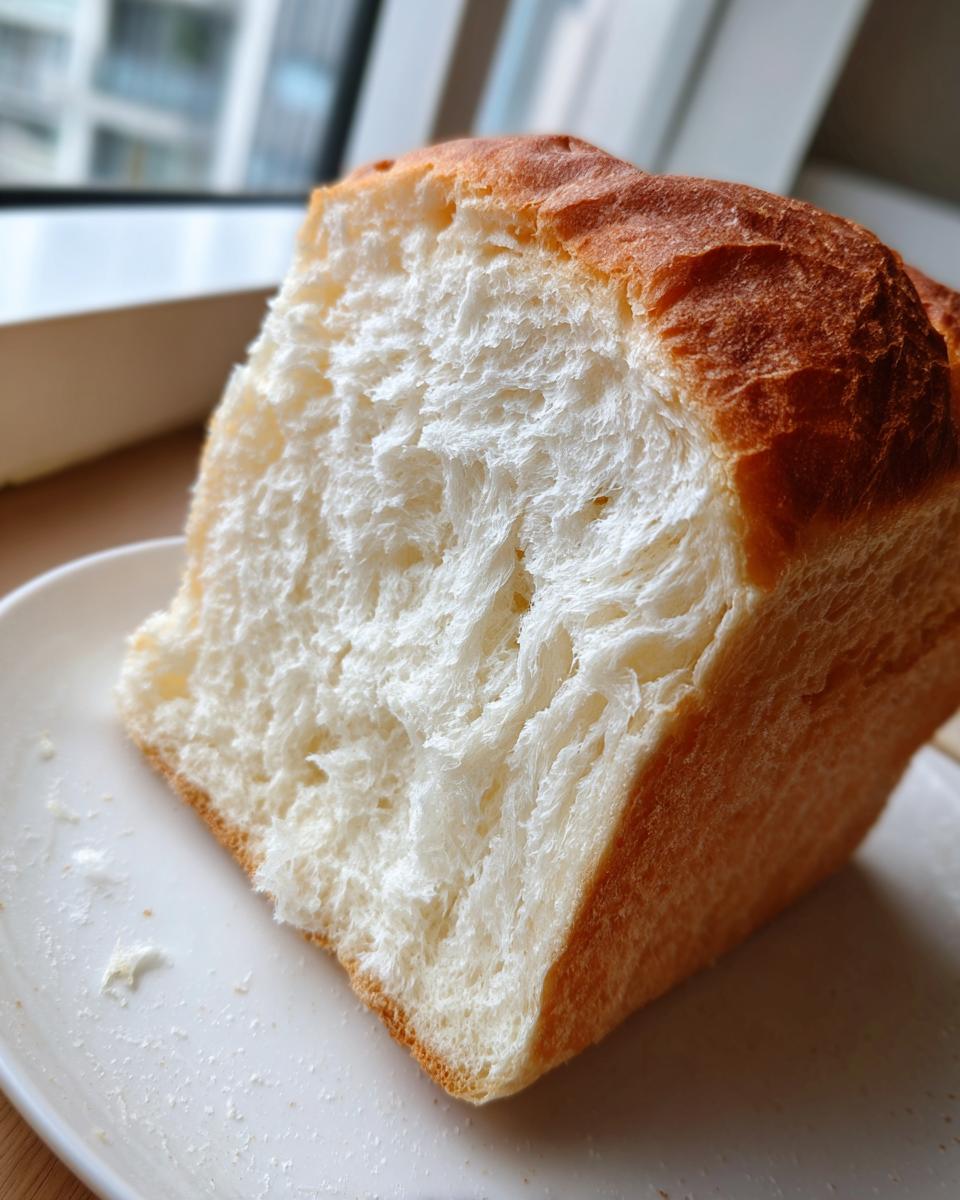 A close-up view showing the incredibly soft, white, and fluffy interior crumb texture of homemade japanese milk bread.