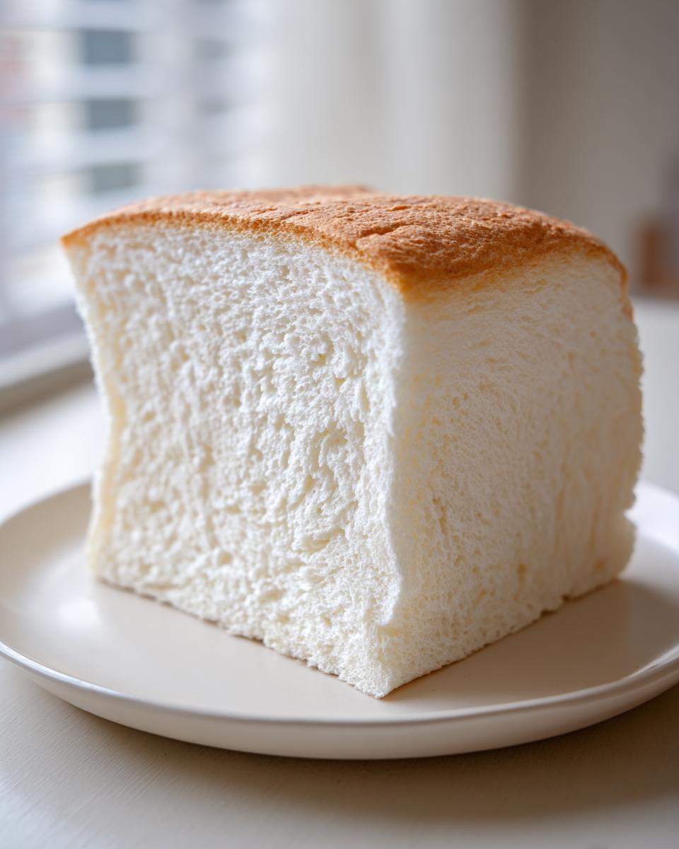 A thick, square slice of incredibly soft Japanese milk bread with a light golden crust, resting on a pale plate.