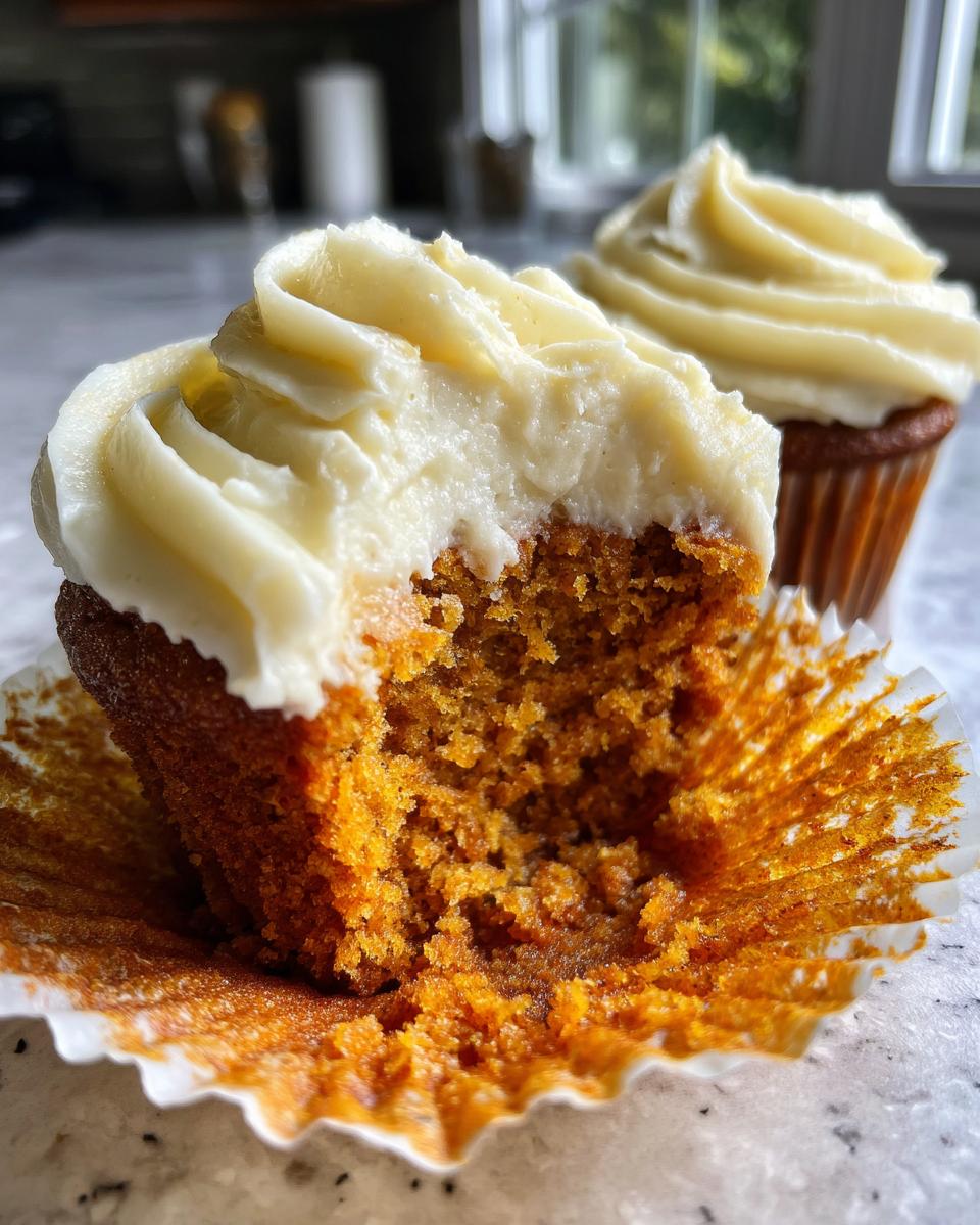 Close-up of a fluffy pumpkin spice cupcakes with a bite taken out, showing the moist interior and thick cream cheese frosting.