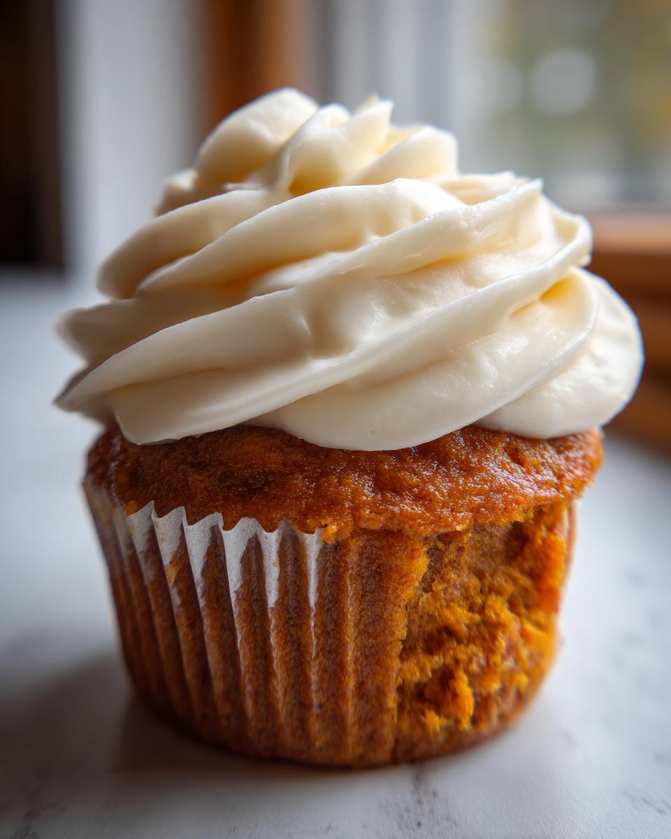 Close-up of a fluffy pumpkin spice cupcake topped with thick swirls of cream cheese frosting.