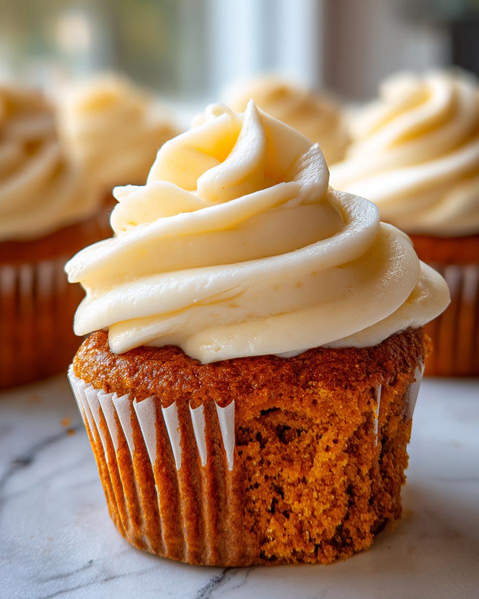 Close-up of a fluffy pumpkin spice cupcake topped with a swirl of cream cheese frosting.