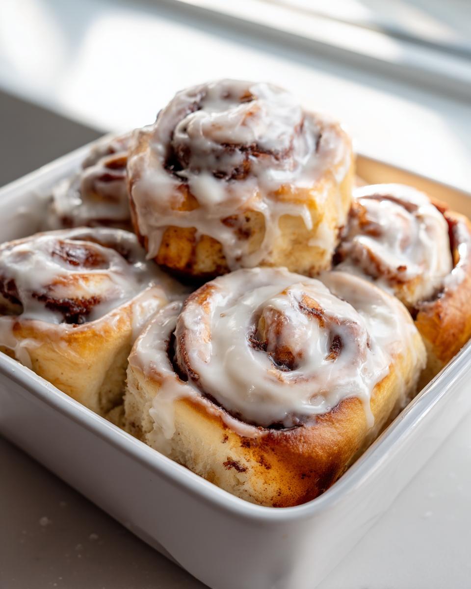 Close-up of soft, gooey cinnamon rolls recipe topped with thick white icing in a white baking dish.