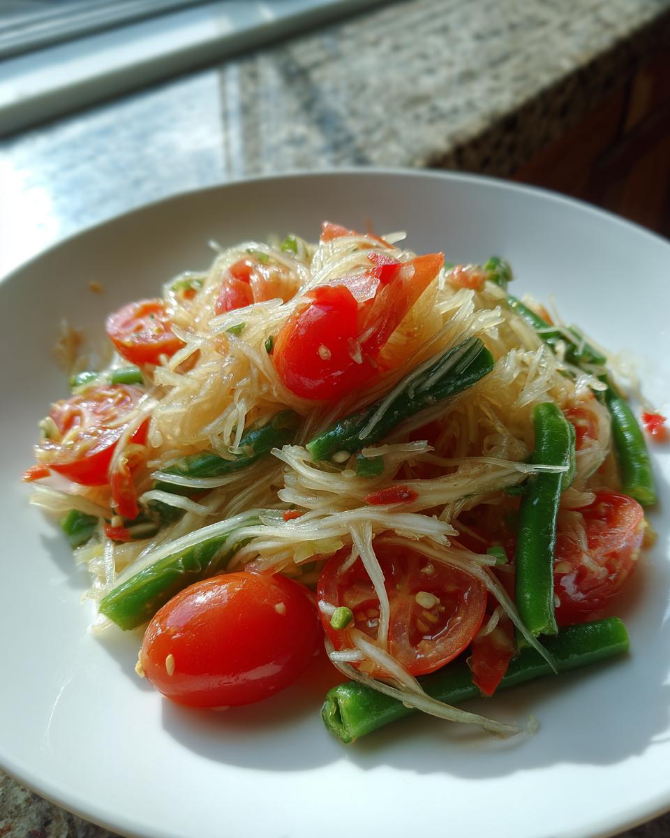 A vibrant close-up of fresh papaya salad featuring shredded papaya, bright red cherry tomatoes, and green beans.