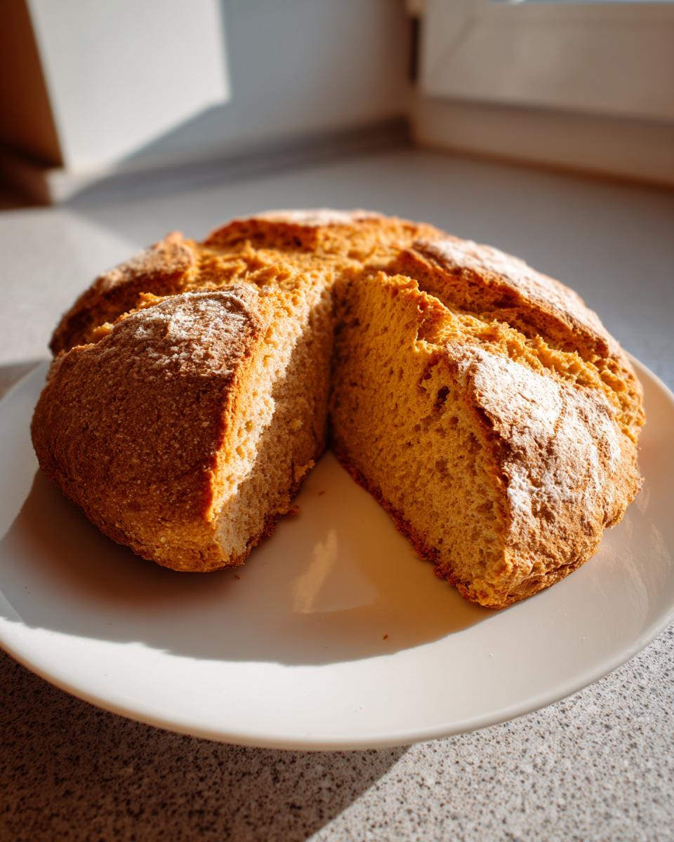 A round loaf of golden brown soda bread, cut into wedges, sitting on a white plate.