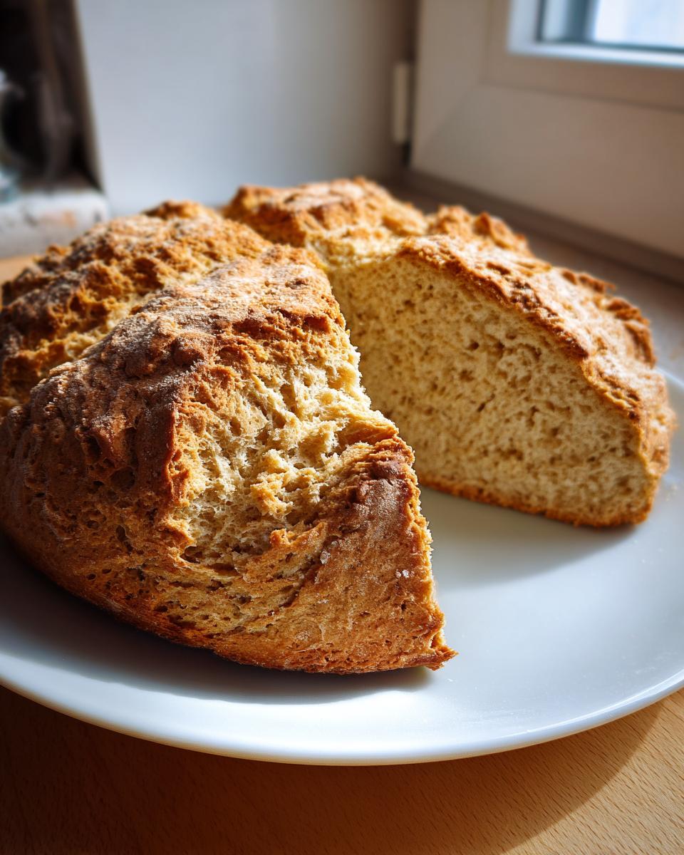 A round loaf of golden brown soda bread, cut open to show the soft interior texture.