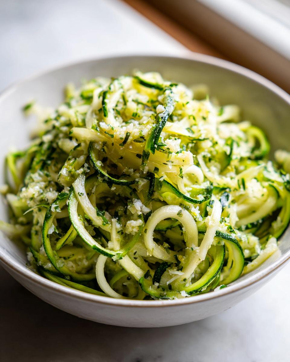 Close-up of a white bowl filled with fresh zucchini noodles tossed with herbs and grated cheese.