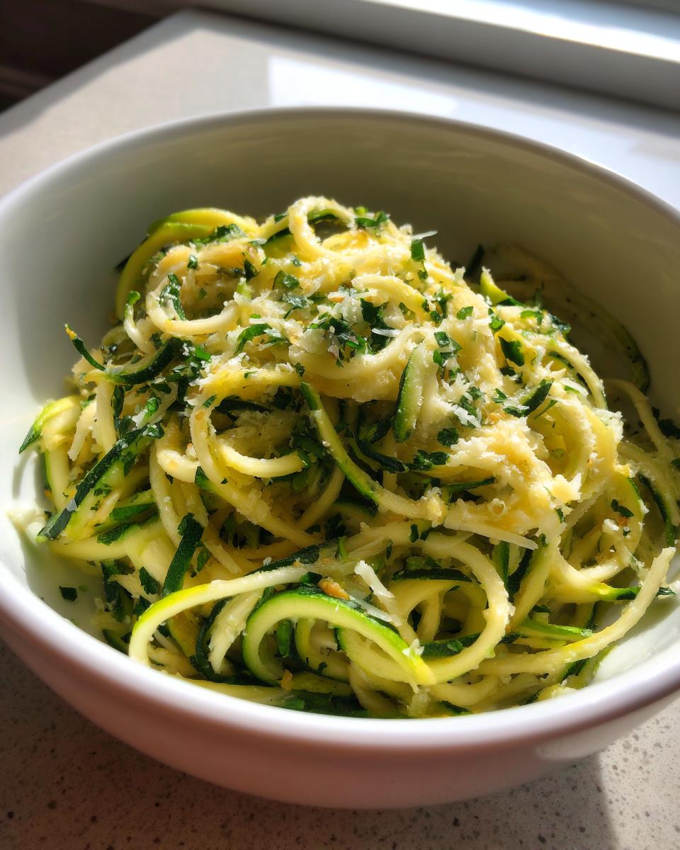 Close-up of a white bowl filled with bright green and yellow zucchini noodles topped with grated cheese and fresh parsley.