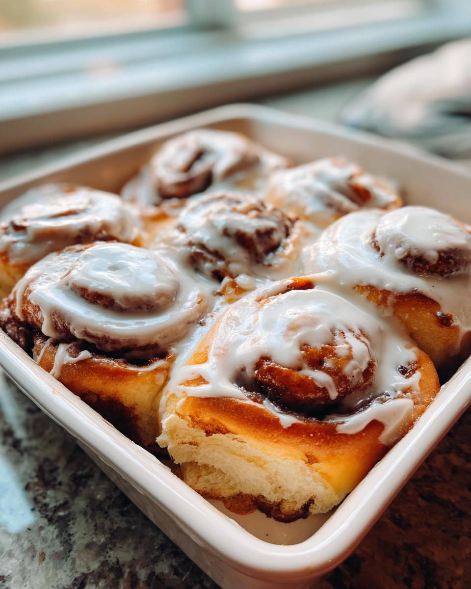 A close-up of freshly baked cinnamon rolls recipe covered in thick white icing in a white baking dish.