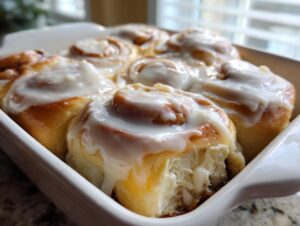 Close-up of freshly baked cinnamon rolls recipe topped with thick white icing in a white baking dish.