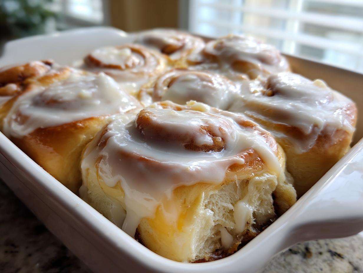 Close-up of freshly baked cinnamon rolls recipe topped with thick white icing in a white baking dish.