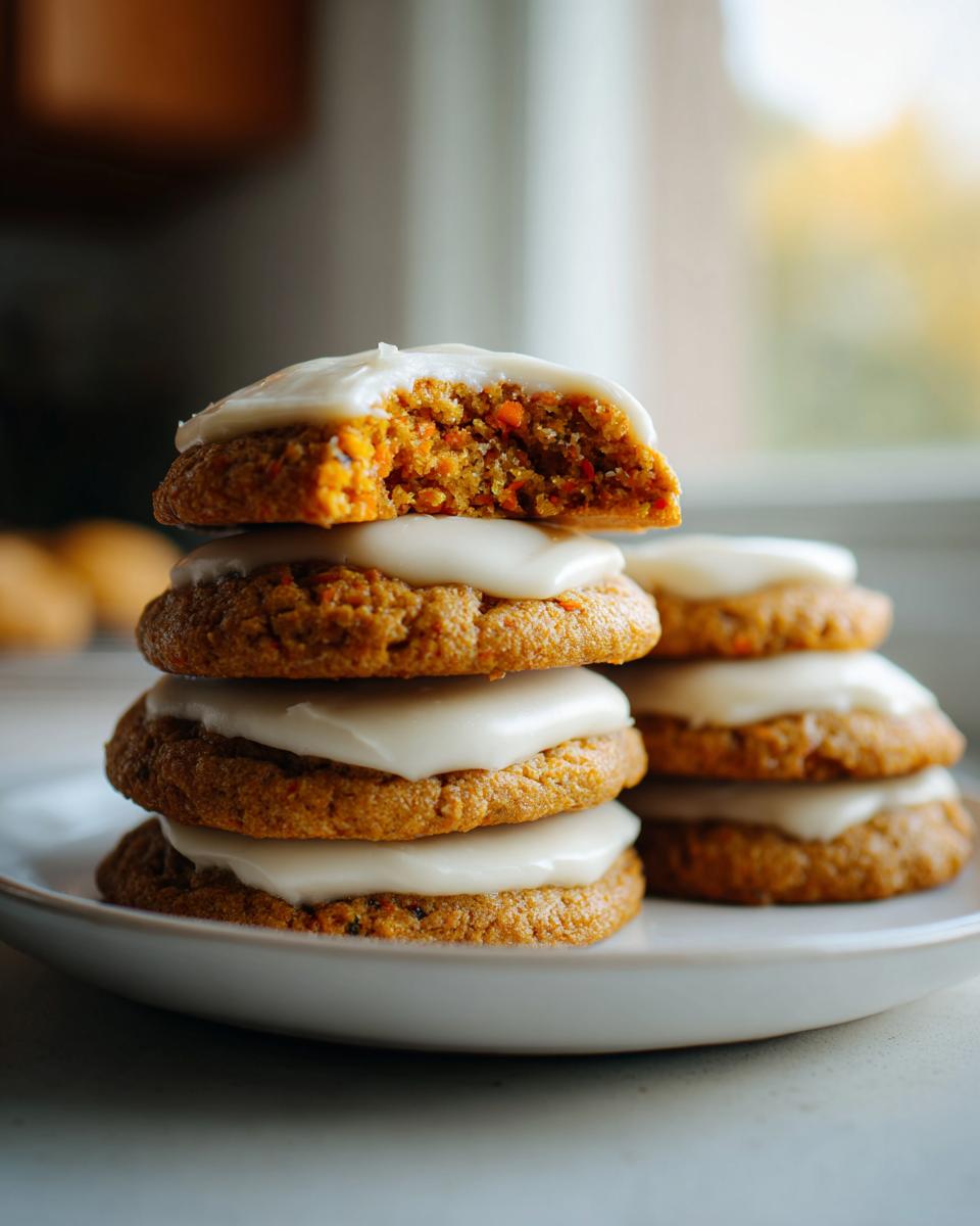 A stack of soft carrot cake cookies topped with thick cream cheese frosting, one cookie broken open to show texture.