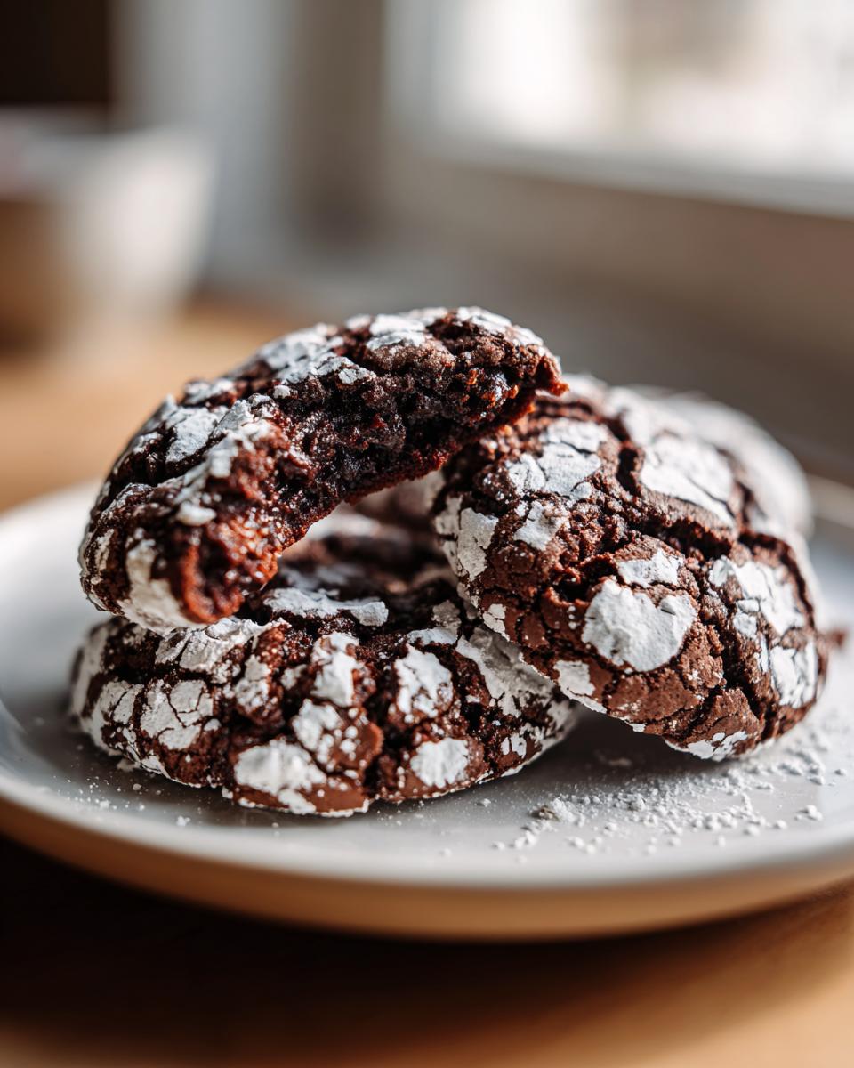 Close-up of fudgy chocolate crinkle cookies dusted heavily with powdered sugar on a white plate.