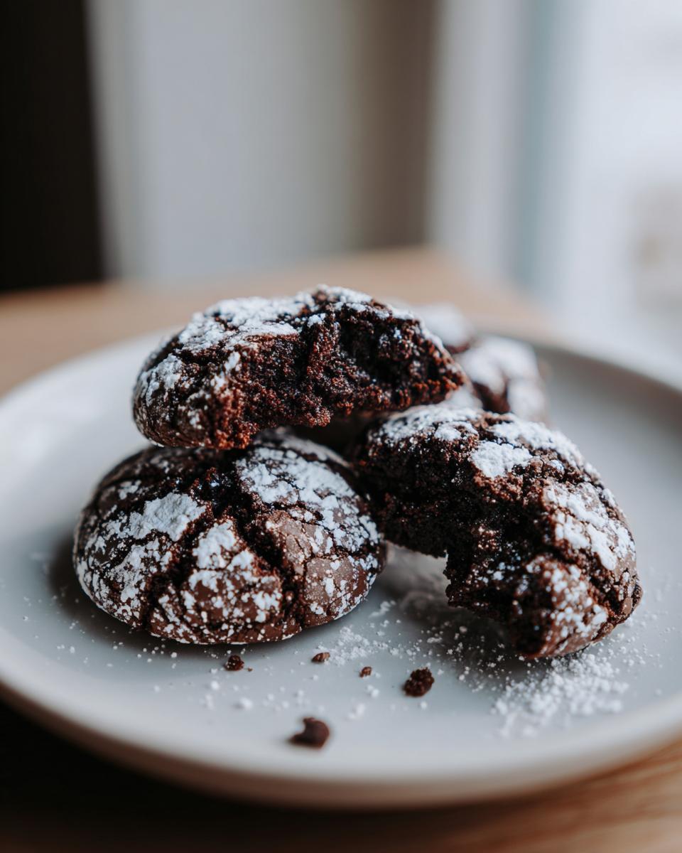 Close-up of fudgy chocolate crinkle cookies dusted heavily with powdered sugar on a light plate.