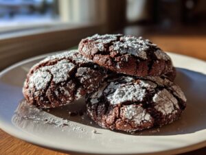 Three fudgy chocolate crinkle cookies heavily dusted with powdered sugar, resting on a light plate near a window.