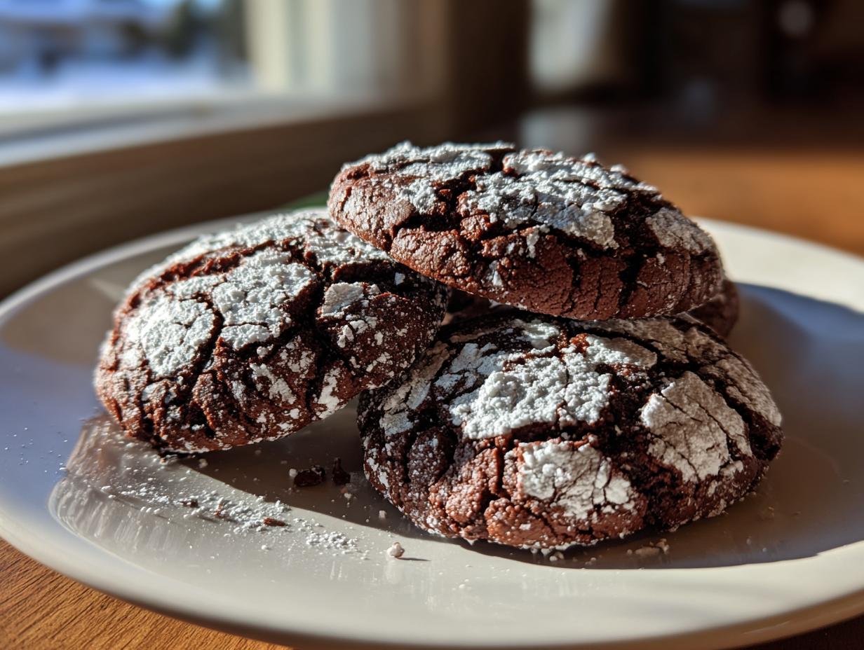 Three fudgy chocolate crinkle cookies heavily dusted with powdered sugar, resting on a light plate near a window.