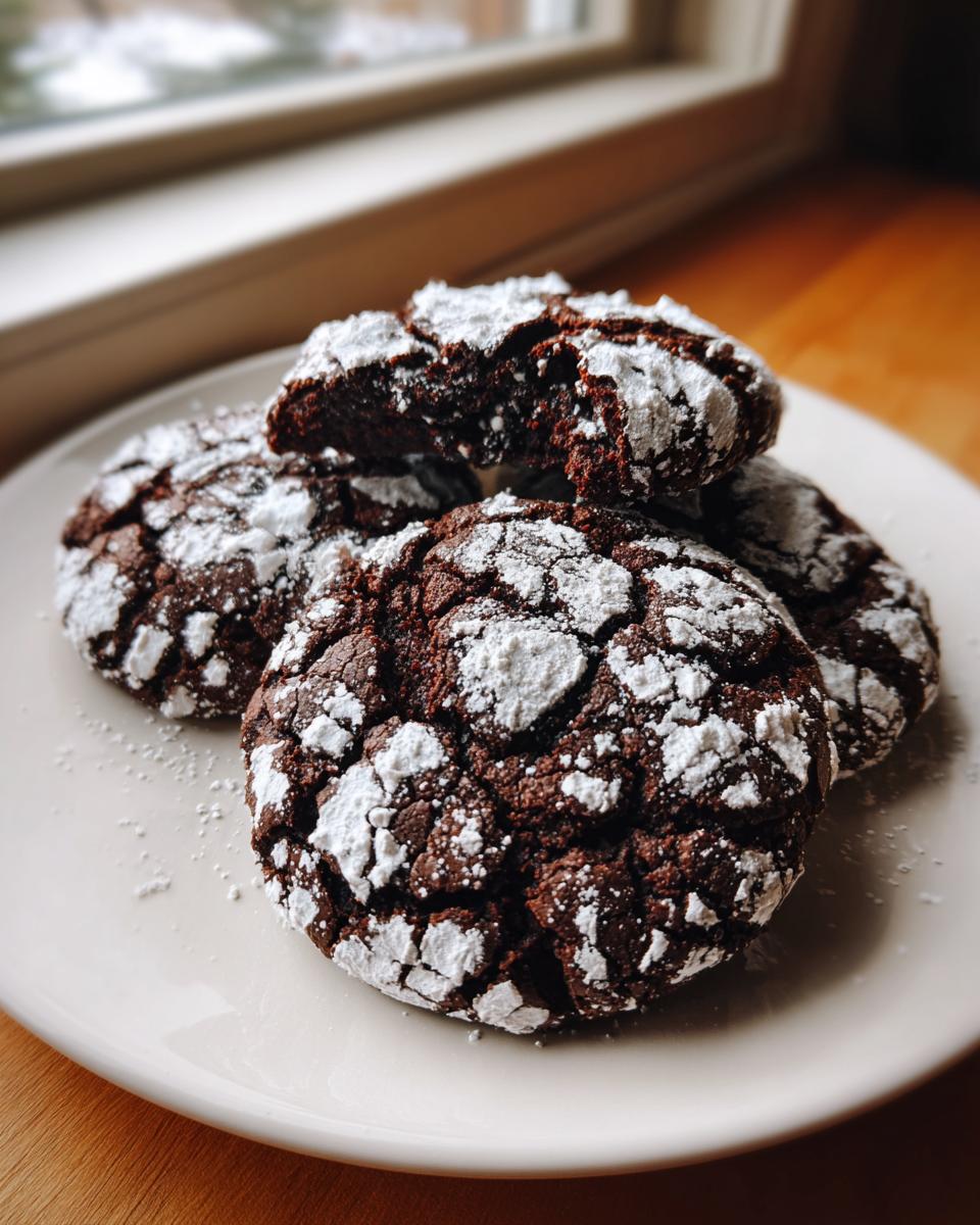 A stack of rich, dark chocolate crinkle cookies heavily dusted with powdered sugar on a white plate.