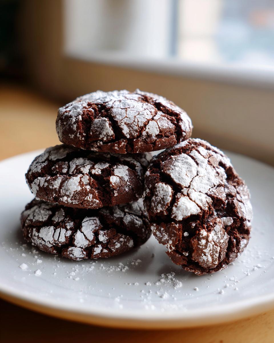 A stack of four fudgy chocolate crinkle cookies dusted heavily with powdered sugar on a white plate.