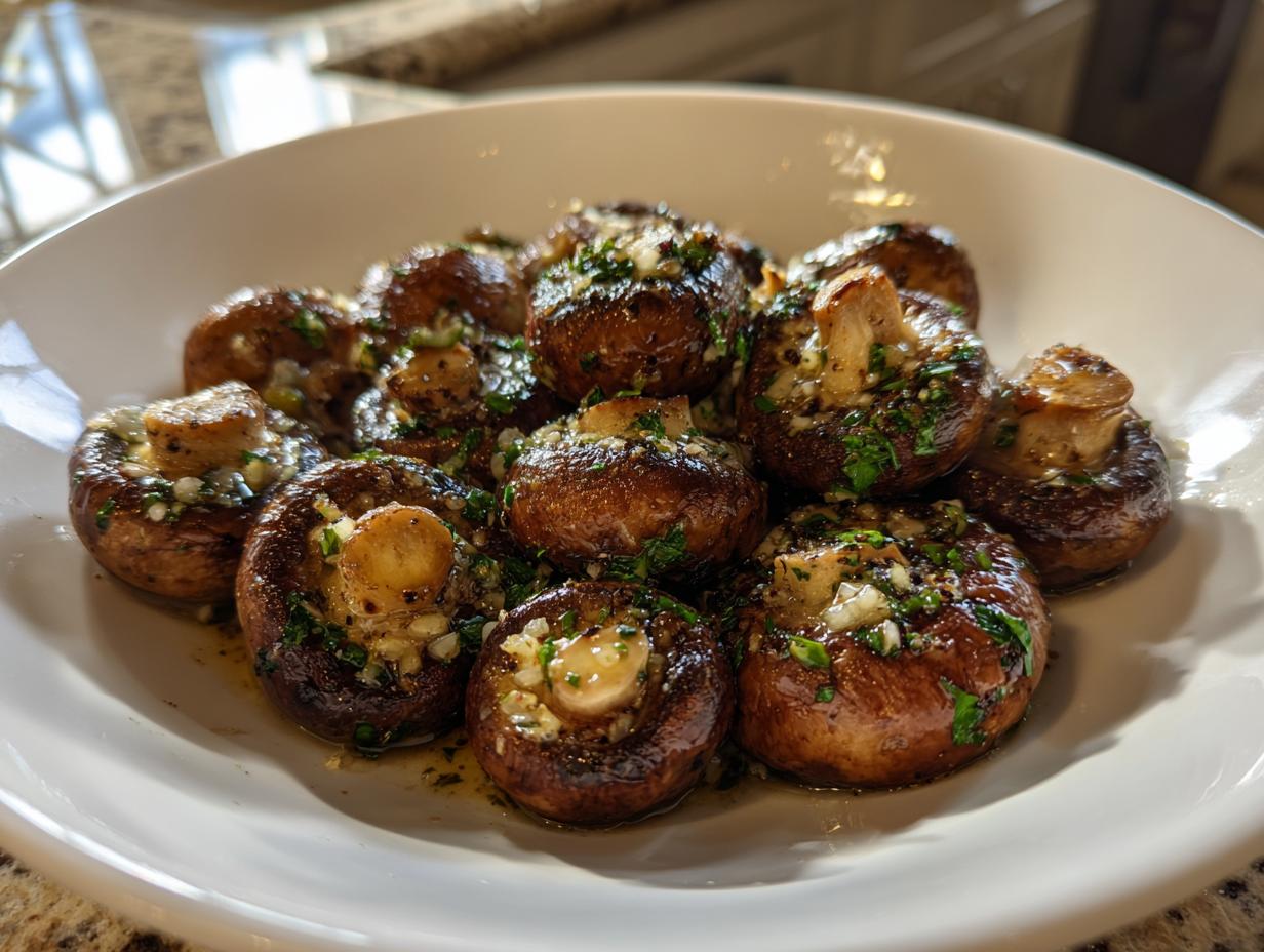 A white bowl filled with glossy, roasted garlic butter mushrooms topped with fresh parsley and minced garlic.