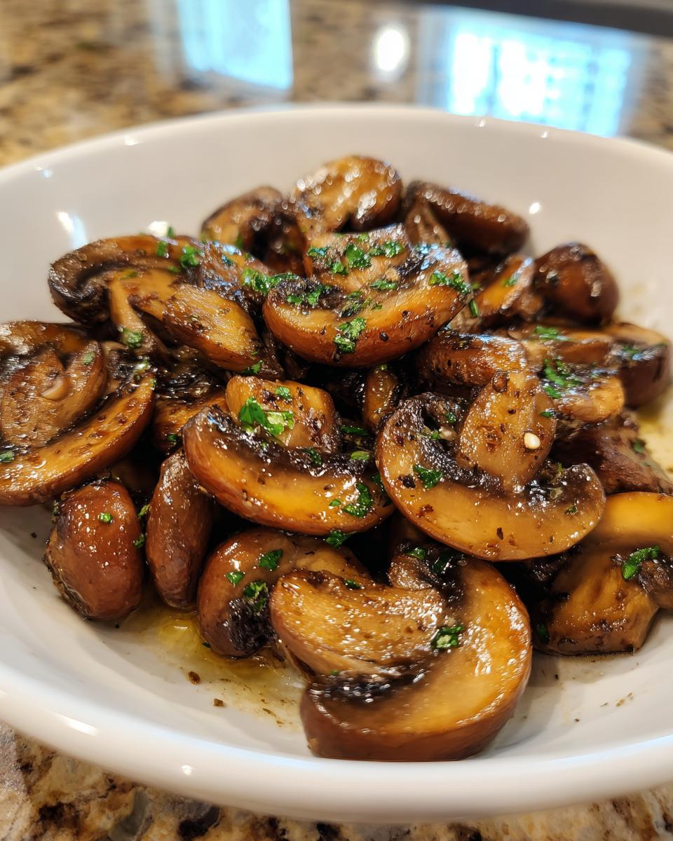 A white bowl filled with glossy, sautéed garlic butter mushrooms garnished with fresh parsley.
