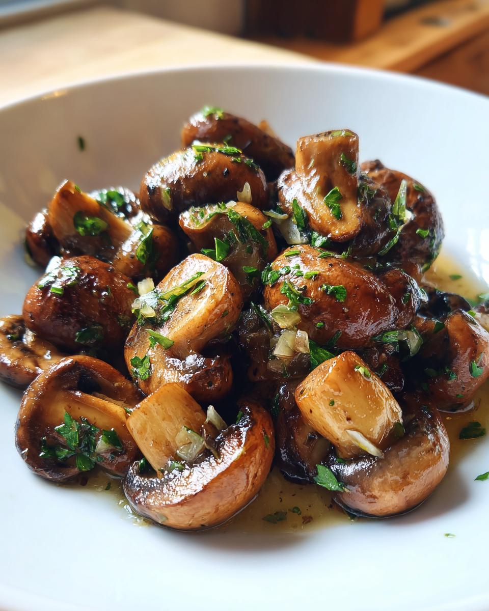 A close-up of glossy, sautéed garlic butter mushrooms garnished with fresh parsley and visible garlic pieces.
