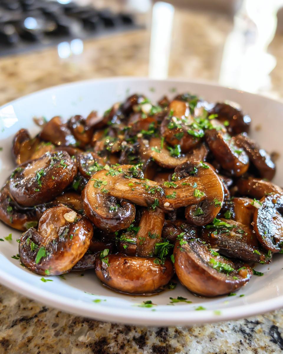 Close-up of glossy, sautéed garlic butter mushrooms garnished with fresh parsley in a white serving bowl.