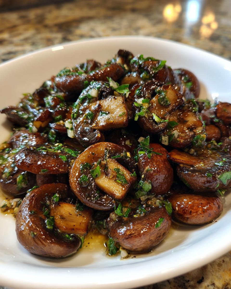 Close-up of glossy, sautéed garlic butter mushrooms topped with fresh parsley served in a white bowl.