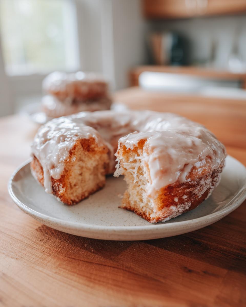 A close-up of a glazed cake donut broken in half, showing its fluffy interior, sitting on a speckled plate.