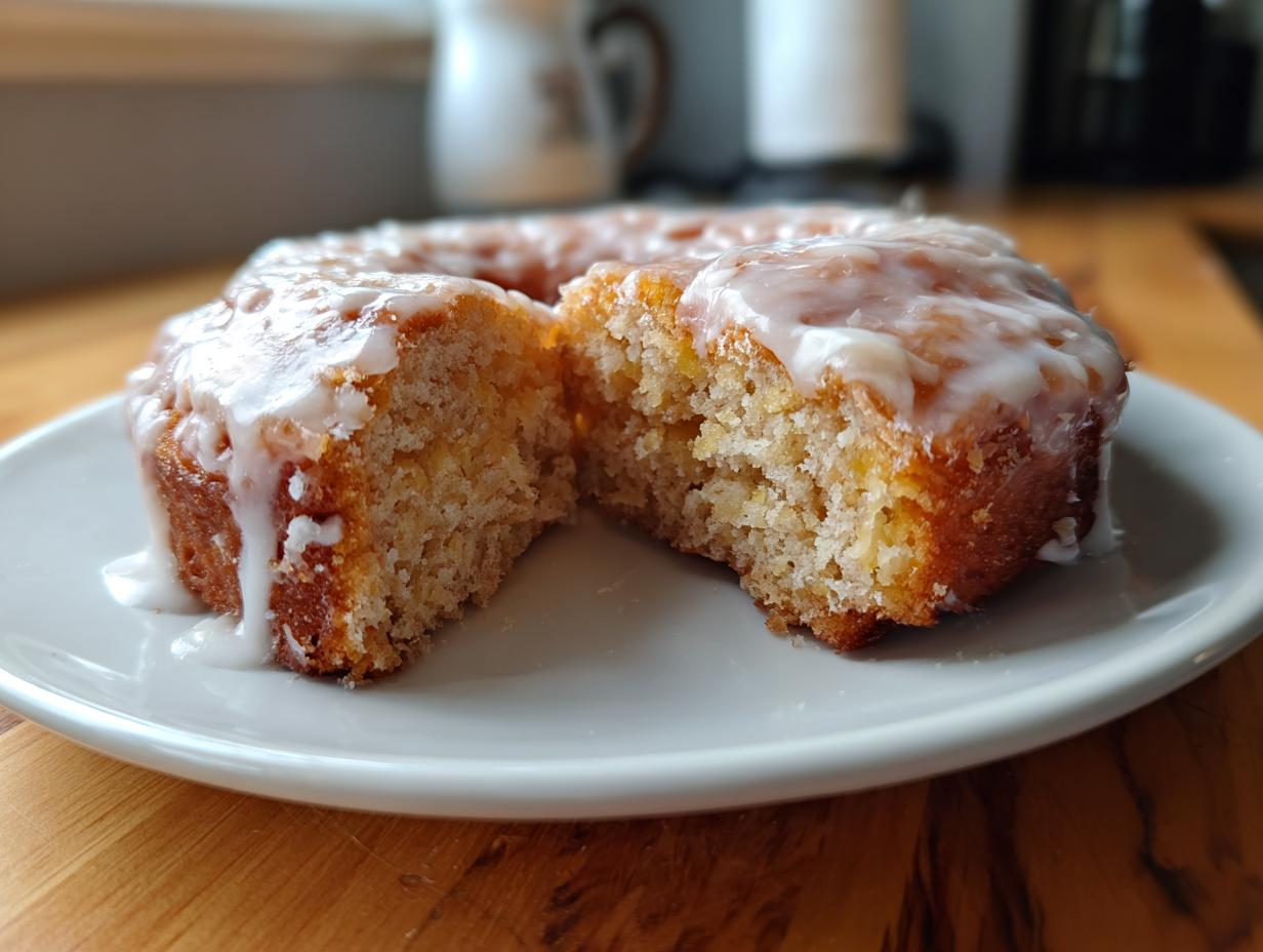 A close-up view of a cake donuts broken in half, showing the moist interior and thick white glaze dripping down.