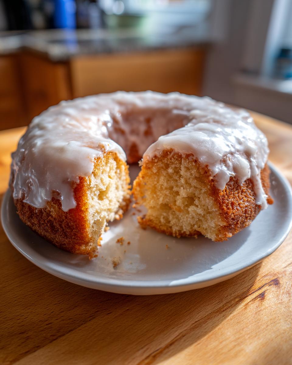 A glazed bundt cake, resembling large cake donuts, with a slice removed to show the crumb texture.