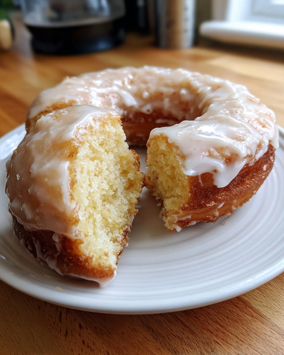 A glazed cake donut cut in half on a white plate, revealing the fluffy, yellow interior of the cake donuts.