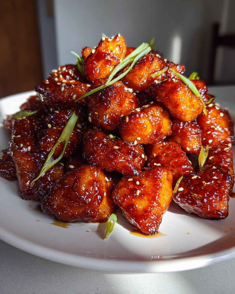 A mound of crispy, glazed honey garlic chicken pieces sprinkled with sesame seeds and green onions.