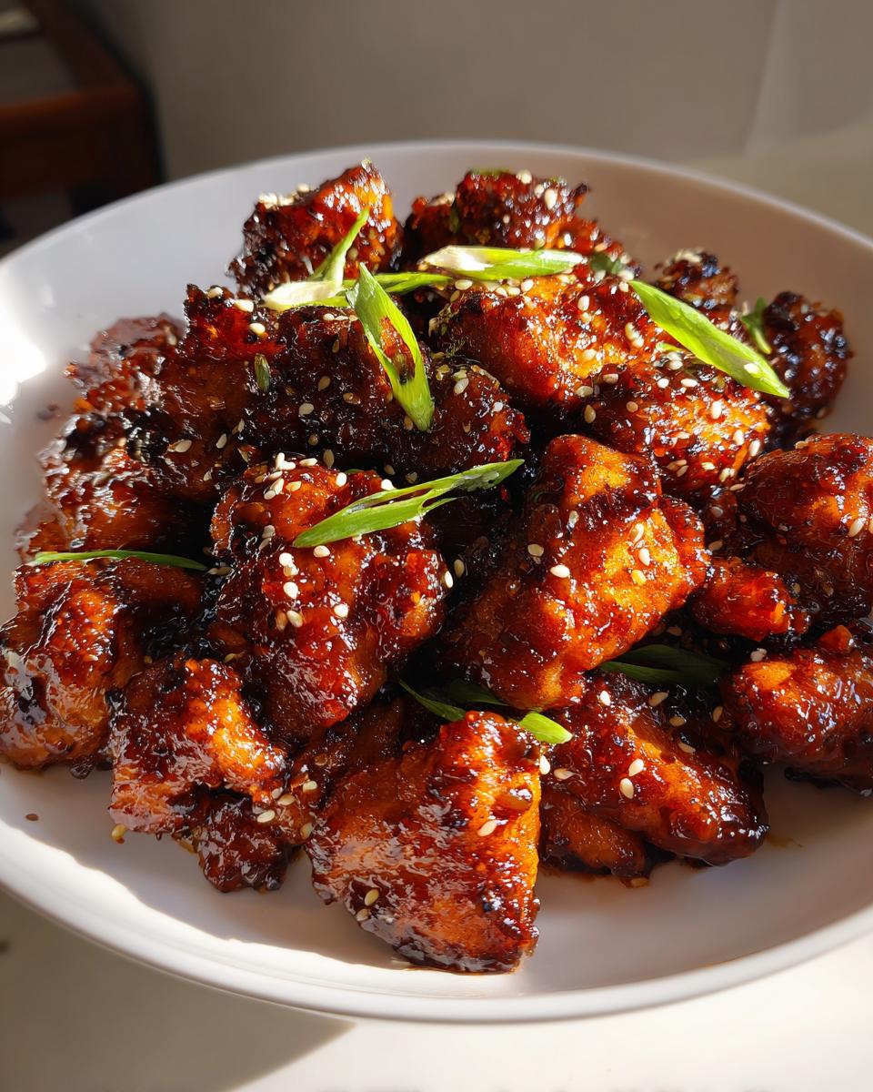Close-up of sticky, glazed honey garlic chicken pieces garnished with sesame seeds and sliced green onions.