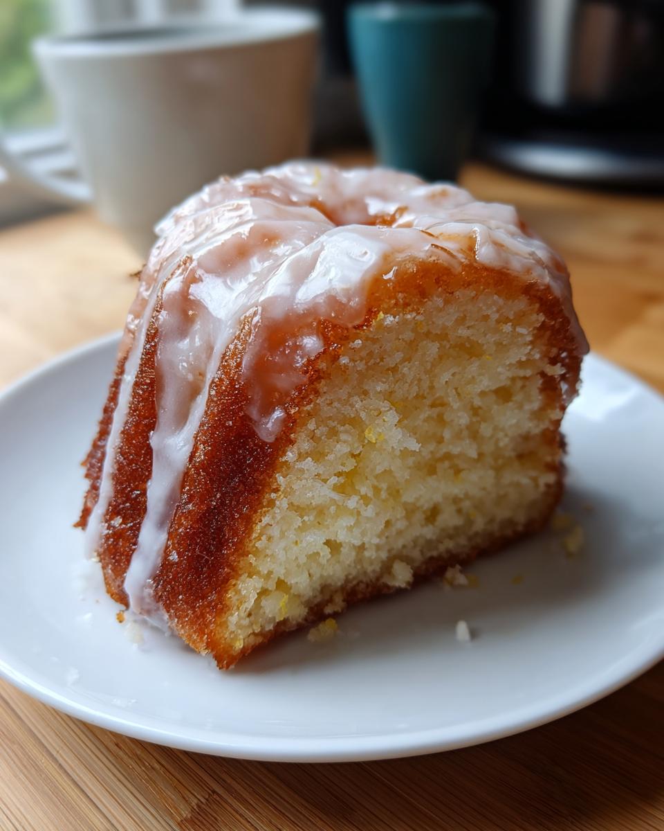 Close-up of a slice of a small, ring-shaped cake donut with a bright yellow crumb and thick white glaze.