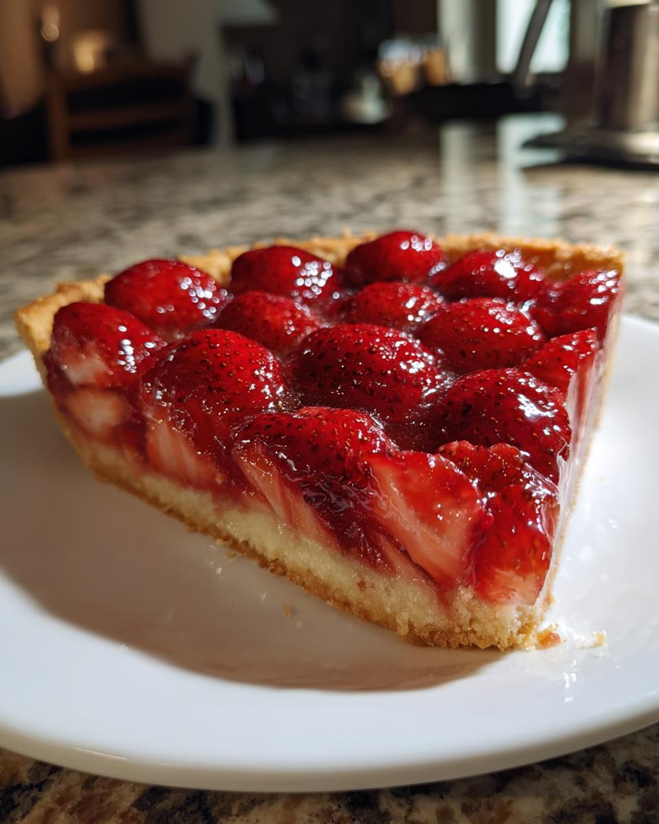 A close-up slice of fresh strawberry pie showing a buttery crust and shiny, glazed strawberries.