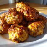 A close-up pile of freshly baked, golden brown cream cheese sausage balls on a white plate.