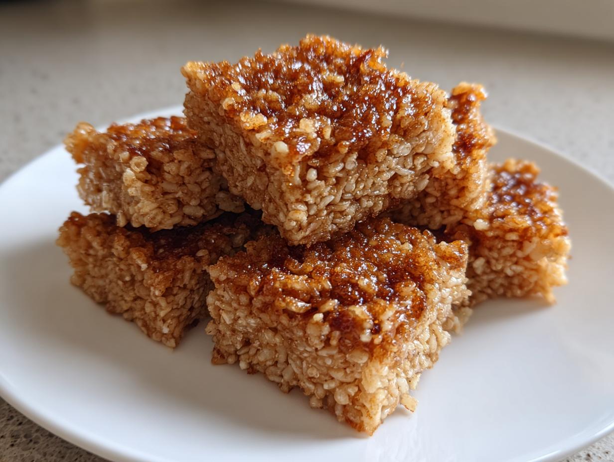 A stack of golden brown, glazed crispy rice squares served on a white plate.