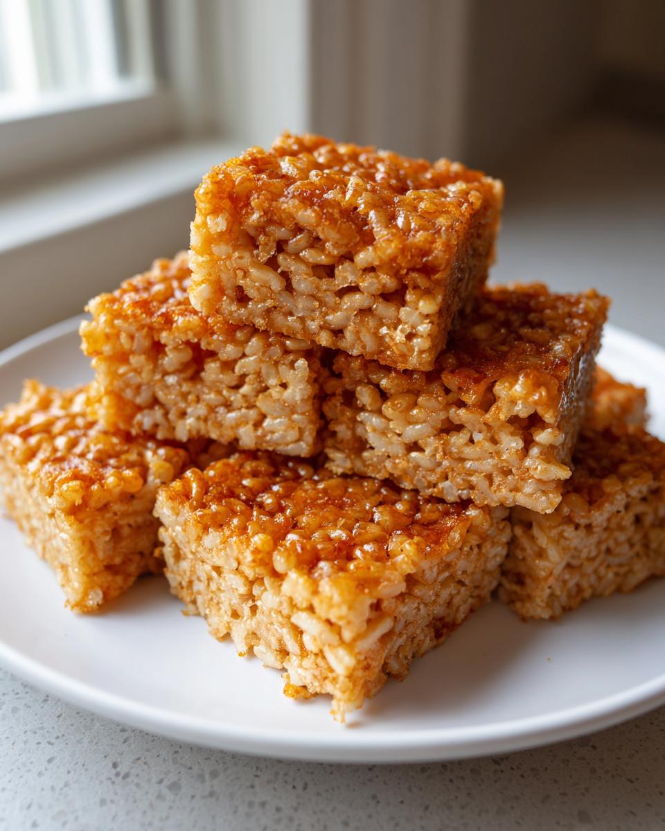 A stack of golden brown, glossy, square-cut crispy rice treats on a white plate.
