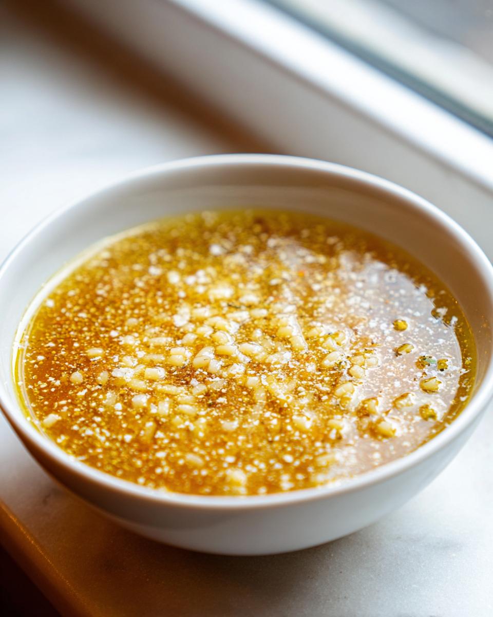 Close-up of a white bowl filled with rich, golden pastina soup topped with grated cheese.