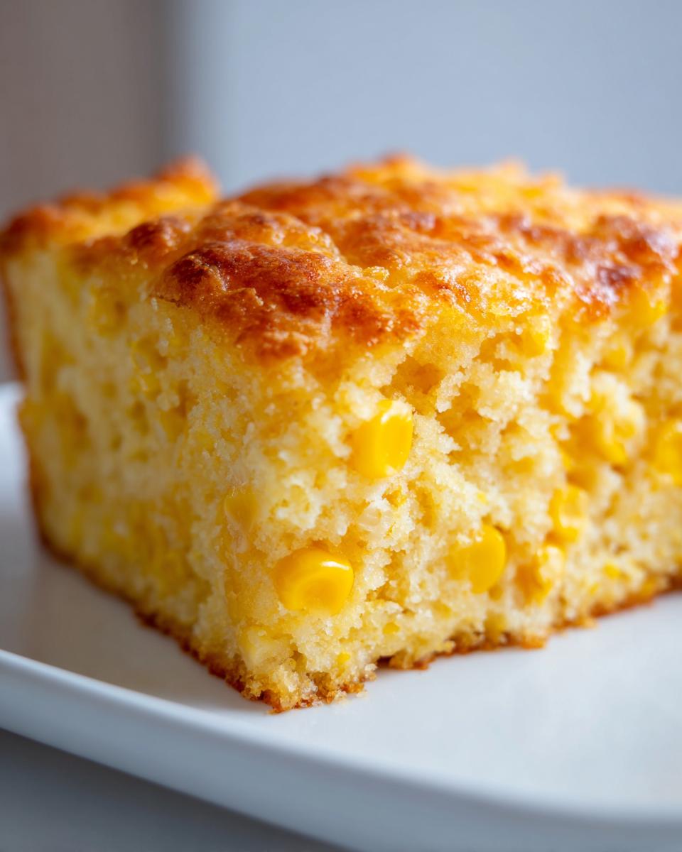 Close-up of a moist, golden slice of jiffy corn casserole showing whole corn kernels embedded in the bread.