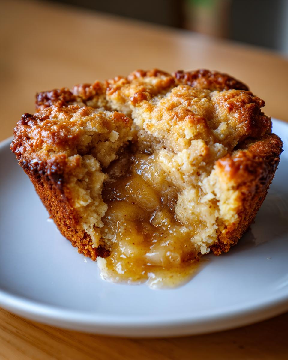 A close-up of a single serving of apple cobbler broken open to show the warm, gooey apple filling inside.