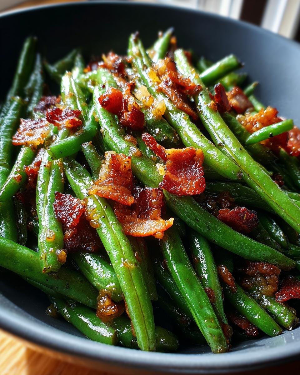 Close-up of bright green beans tossed with crispy bacon pieces in a dark bowl.