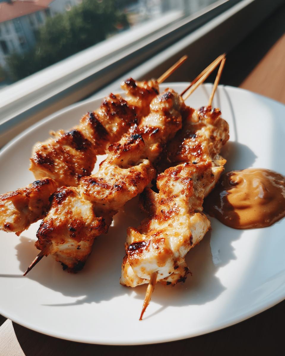 Three skewers of perfectly grilled chicken satay served on a white plate next to a dollop of peanut sauce.