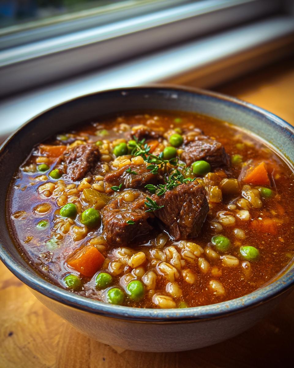 Close-up of a rich bowl of beef barley soup featuring tender beef chunks, barley, bright green peas, and carrots, garnished with thyme.