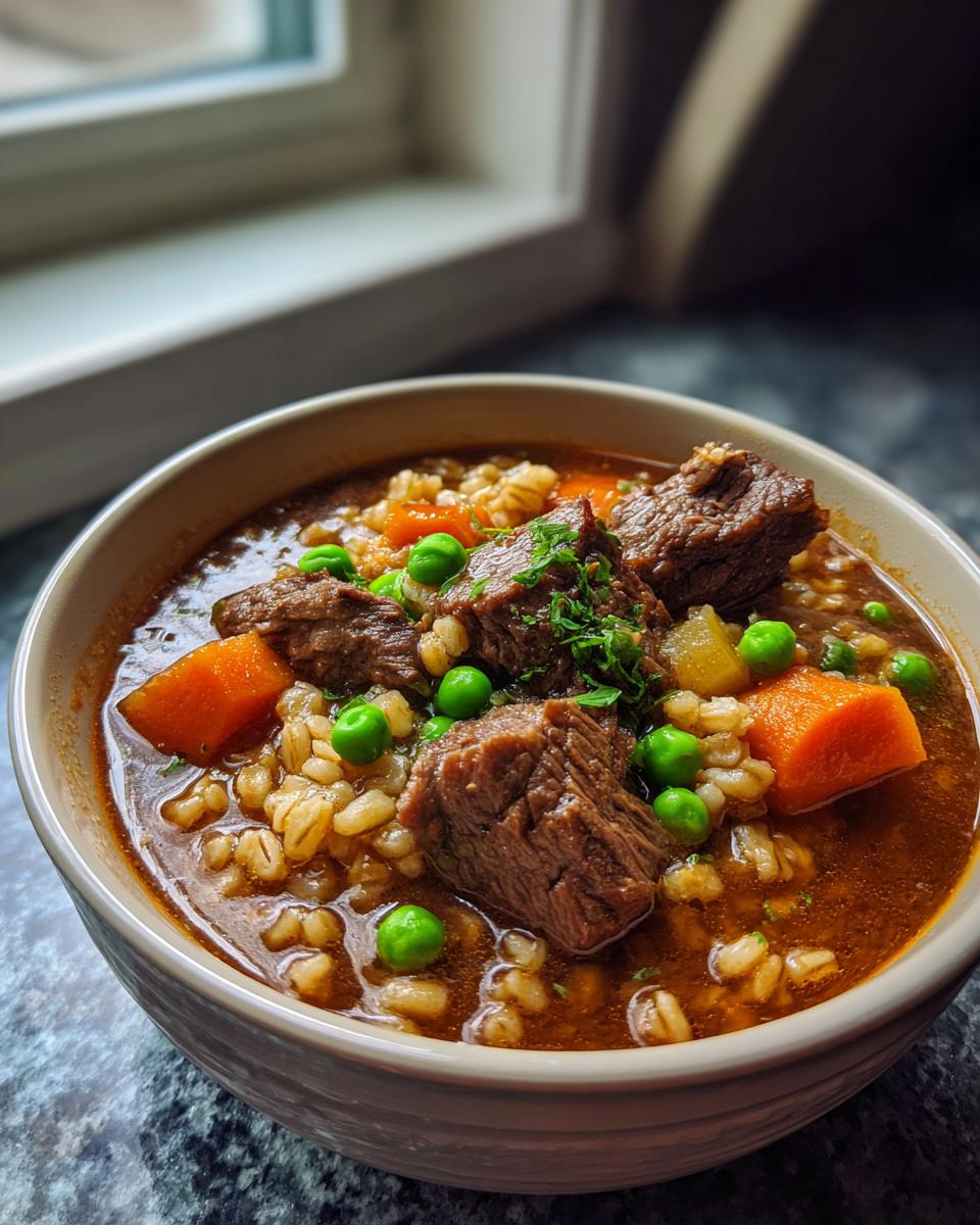 Close-up of a bowl of rich beef barley soup featuring tender beef chunks, bright peas, and carrots.