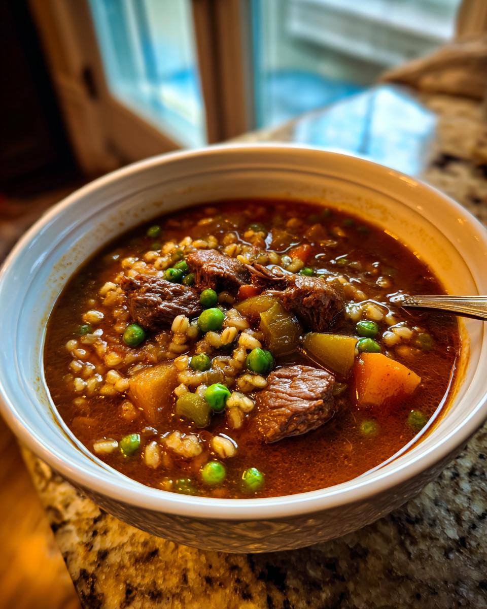 Close-up of a steaming bowl of rich beef barley soup filled with tender beef chunks, barley, peas, and carrots.