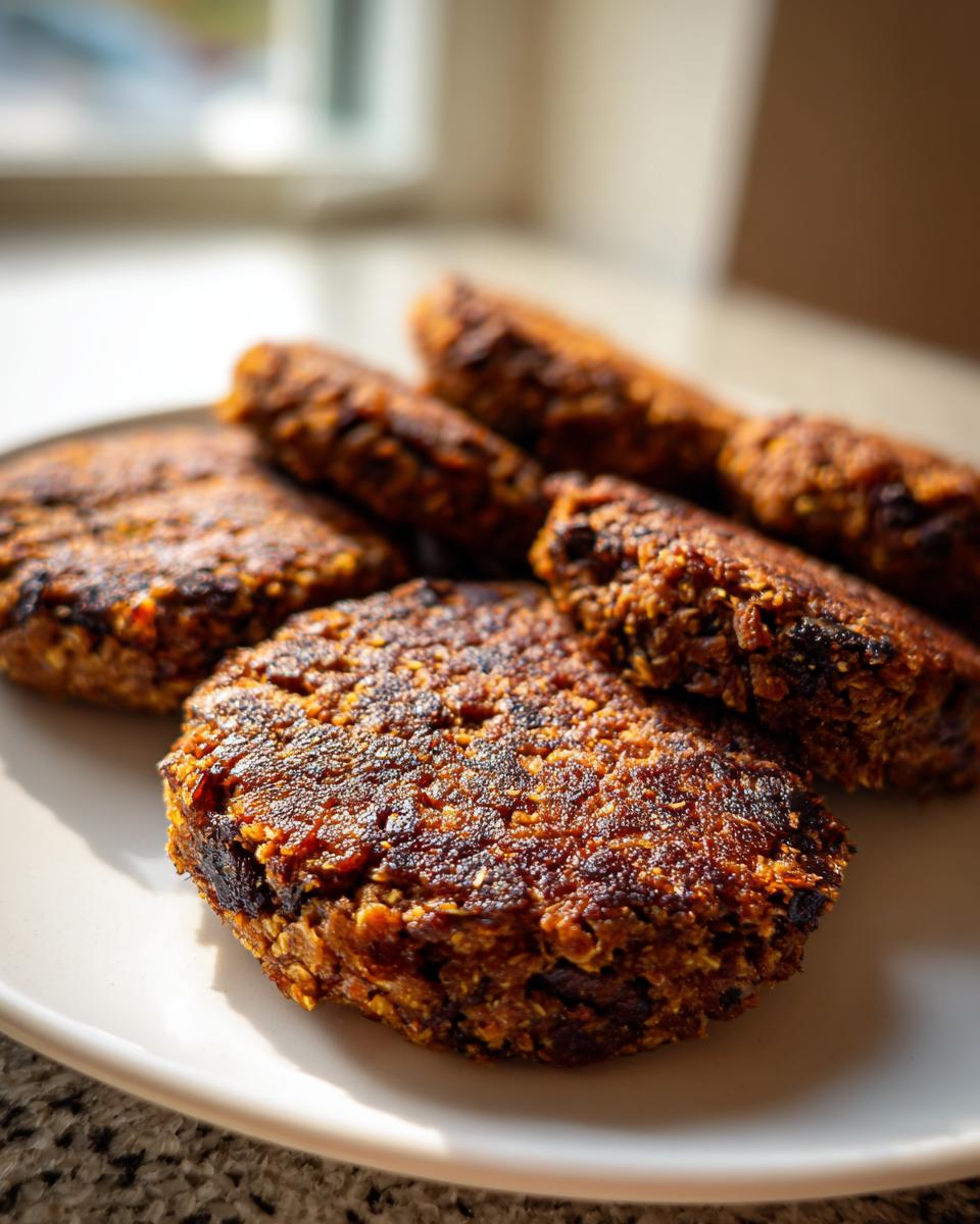 Close-up of several freshly cooked, dark brown black bean burger patties stacked on a white plate.